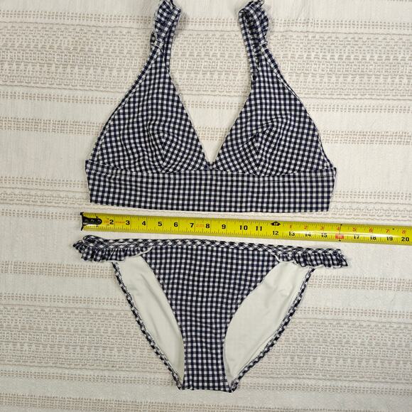 Aerie LIG Navy Checkered 2 Piece Swimsuit Size L Bikini Ruffle Trim NEW - Picture 3 of 5
